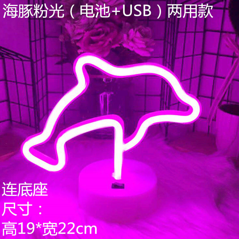 LED styling lights ins Korean style flamingo led decorative night light Christmas lights round base neon light Elysian Vibe