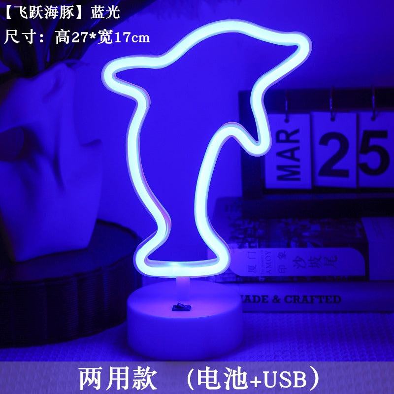 LED styling lights ins Korean style flamingo led decorative night light Christmas lights round base neon light Elysian Vibe